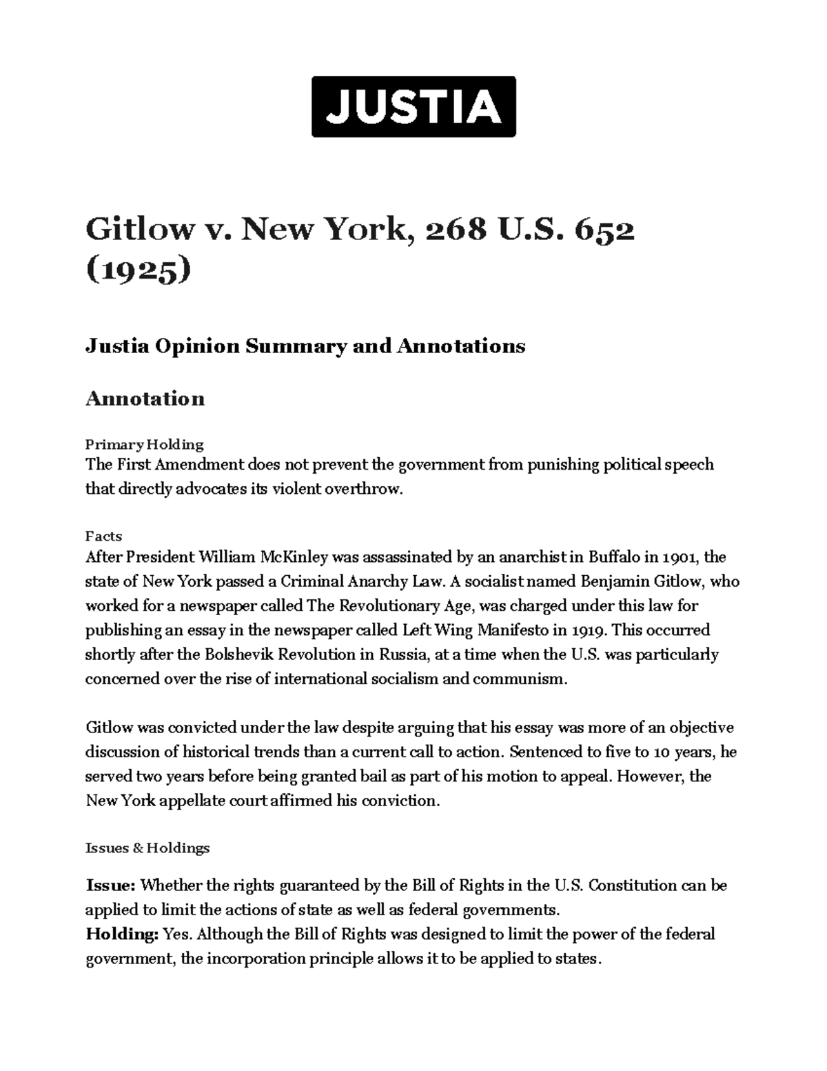 Gitlow v. New York (1925) Case Summary & Legal Implications - Studocu