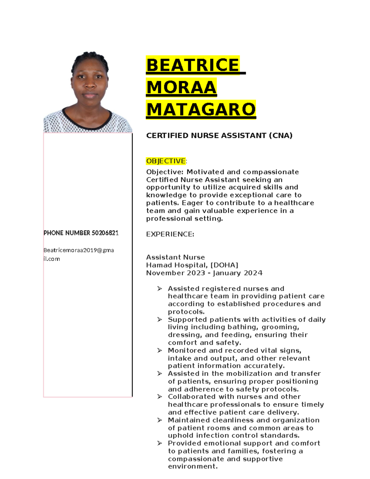 CNA Resume of Beatrice Moraa - Skills \u0026 Experience Overview - Studocu, image size:1200x1553