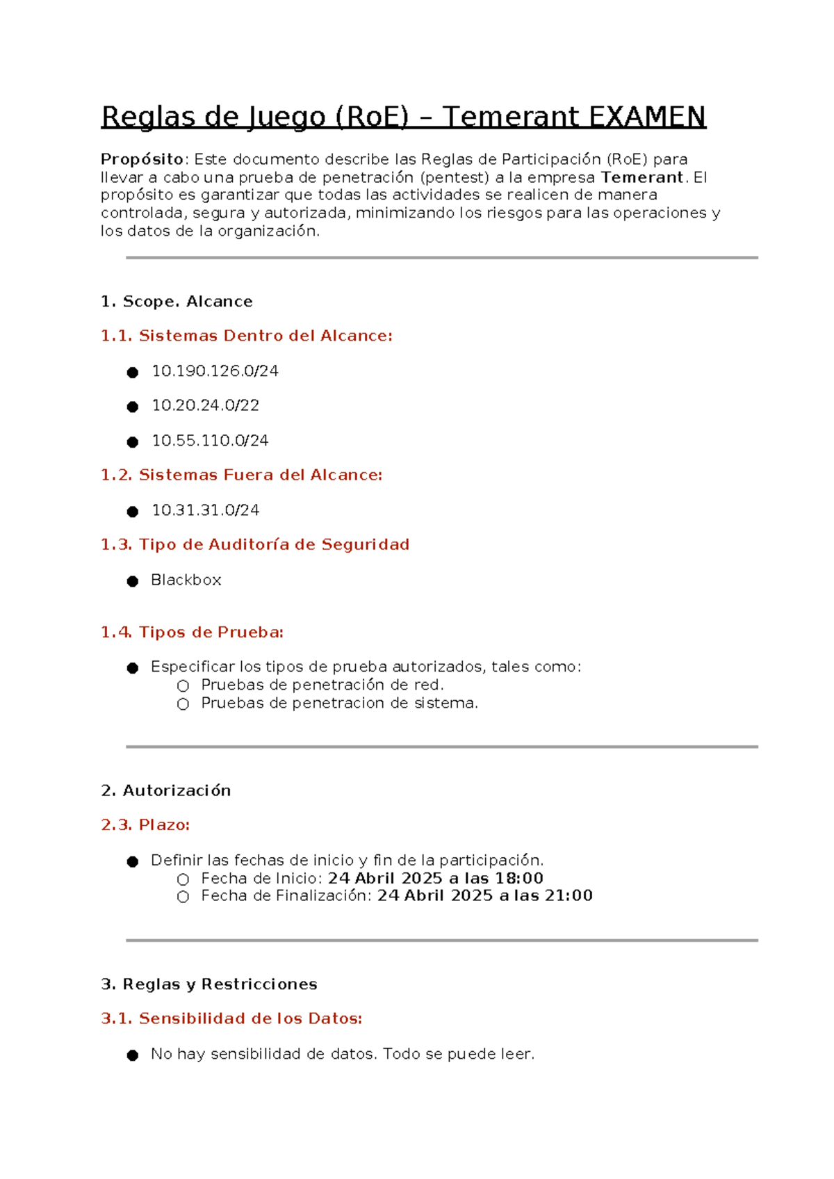 Reglas de Participación (RoE) para Pentest en Temerant - EXAMEN - Studocu