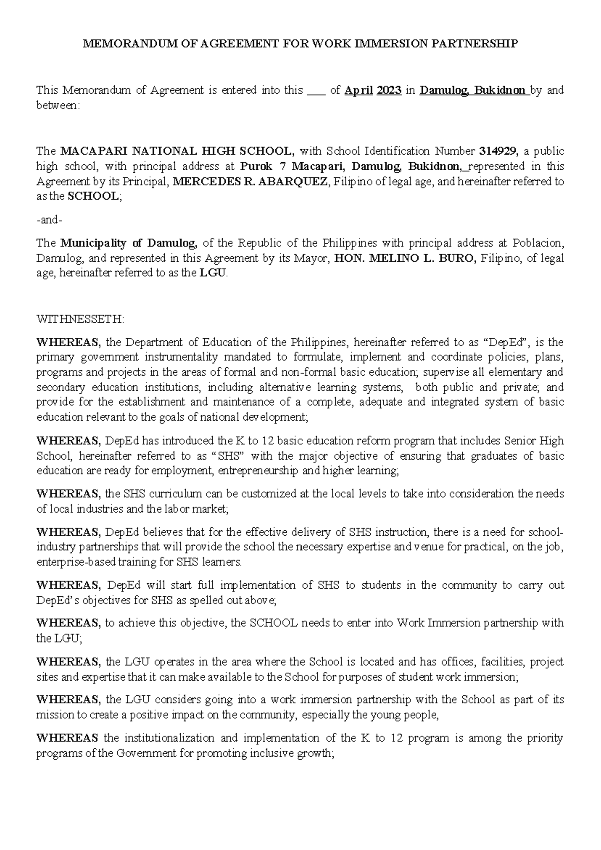 MOA for Work Immersion Partnership: SHS & LGU Collaboration - Studocu