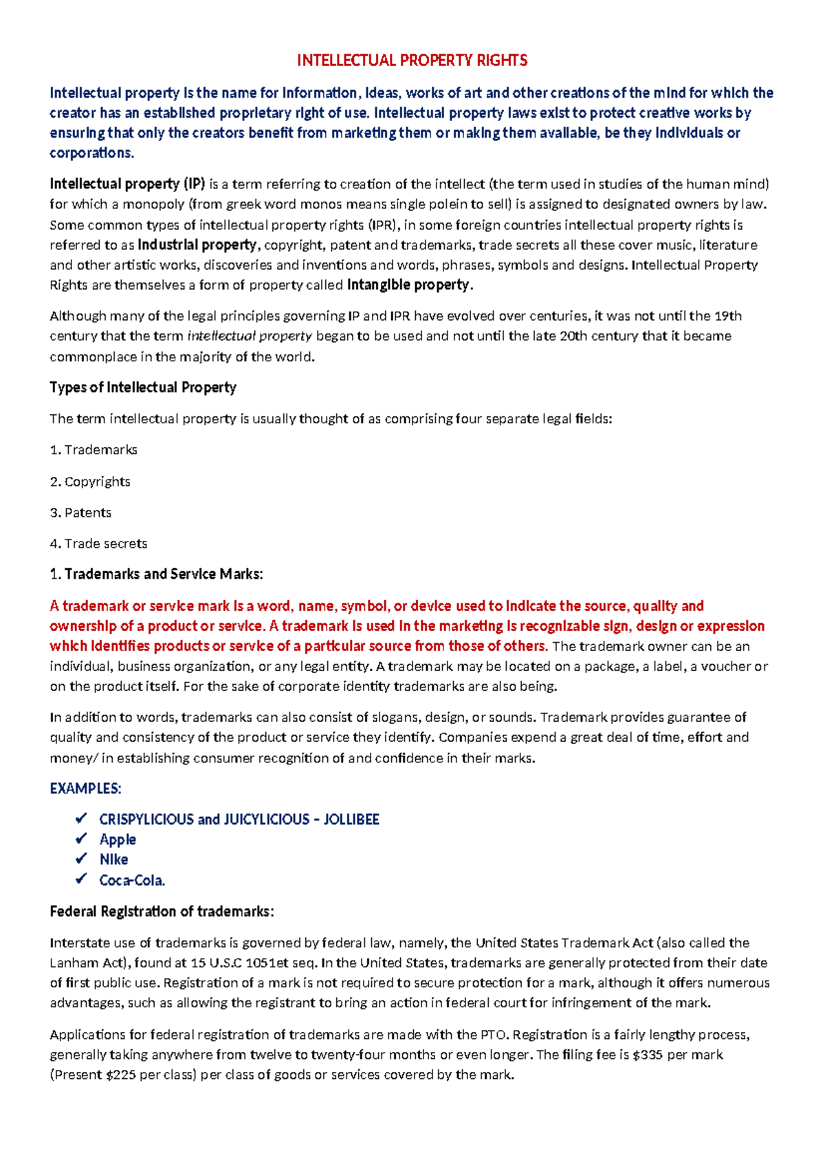 Intellectual Property Rights: Overview and Key Legal Concepts - Studocu