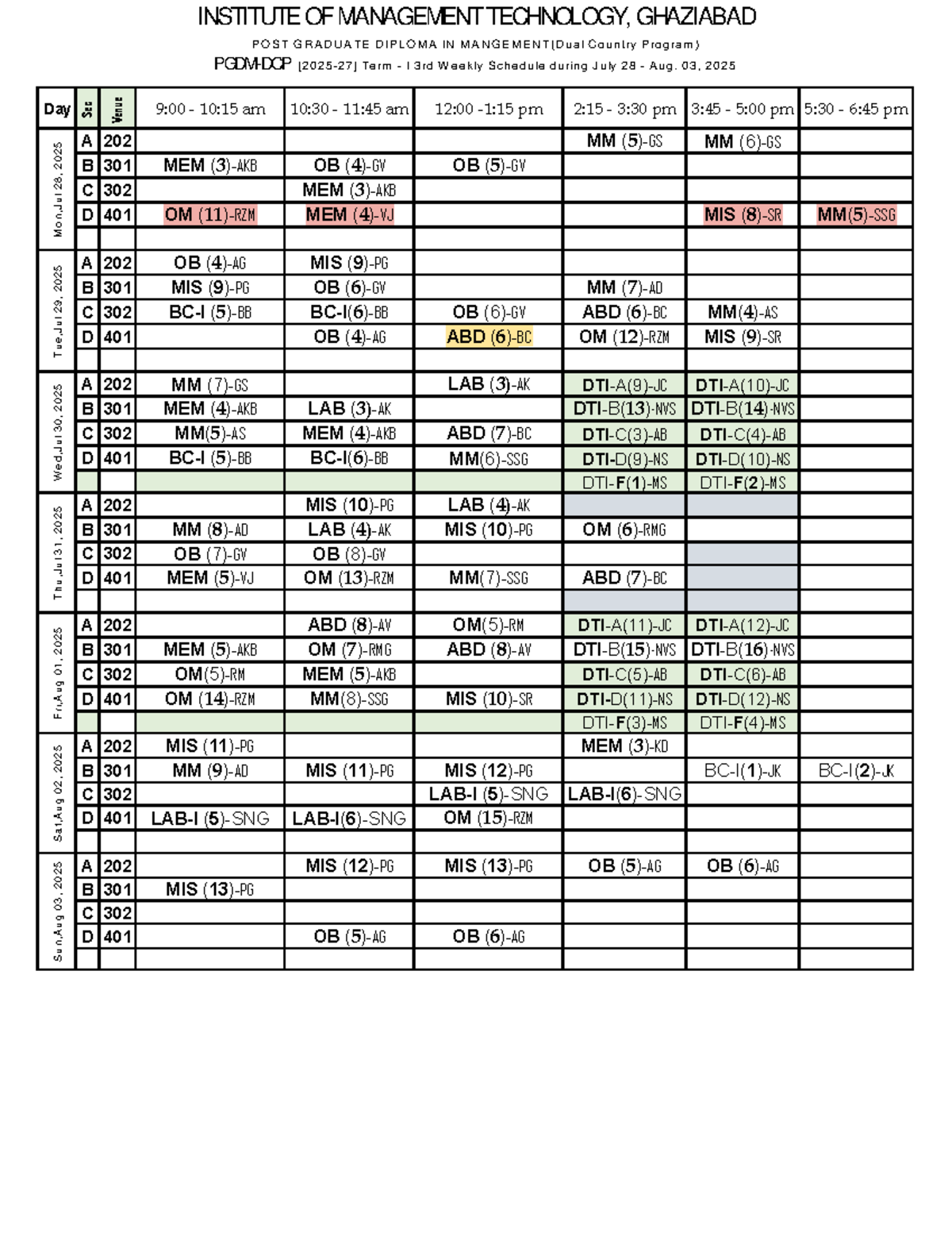 PGDM(Dual Country) Term I Weekly Schedule: July 28 - Aug 3, 2025 - Studocu
