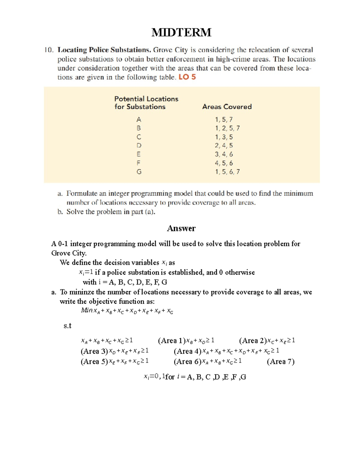 Midterm - khoa học quản lí - MIDTERM Answer A 0-1 integer programming ...