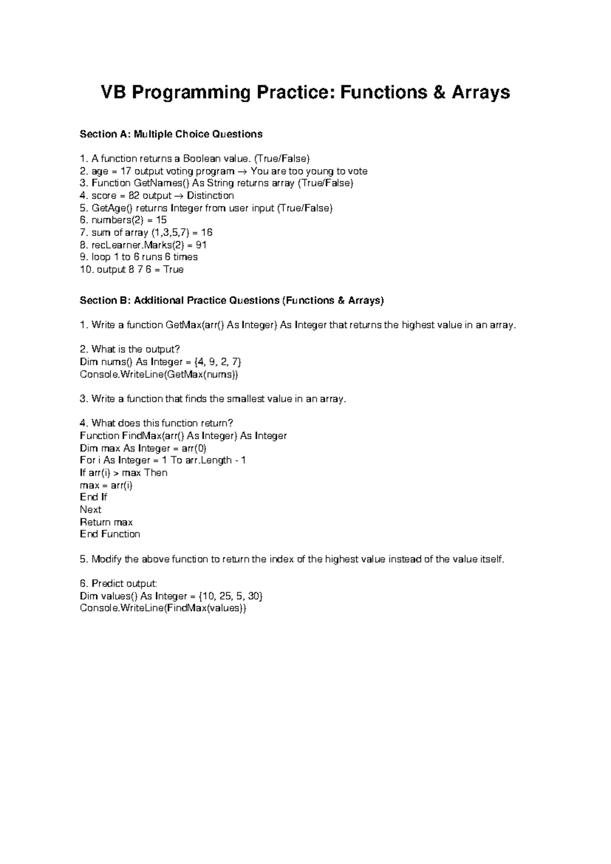 VB Programming Practice: Functions & Arrays MCQs and Exercises - Studocu