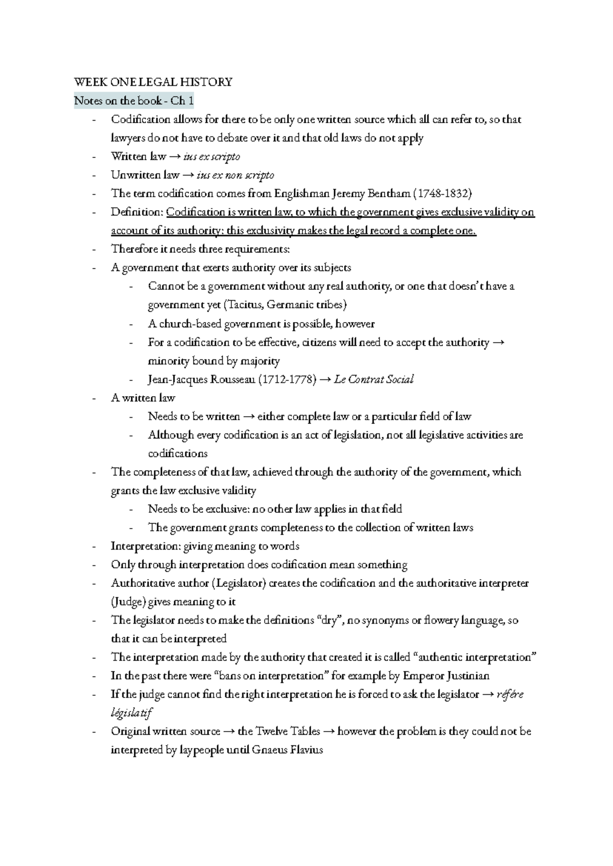 Week 1 Legal History (LH101) - Summary Notes on Codification and Law ...