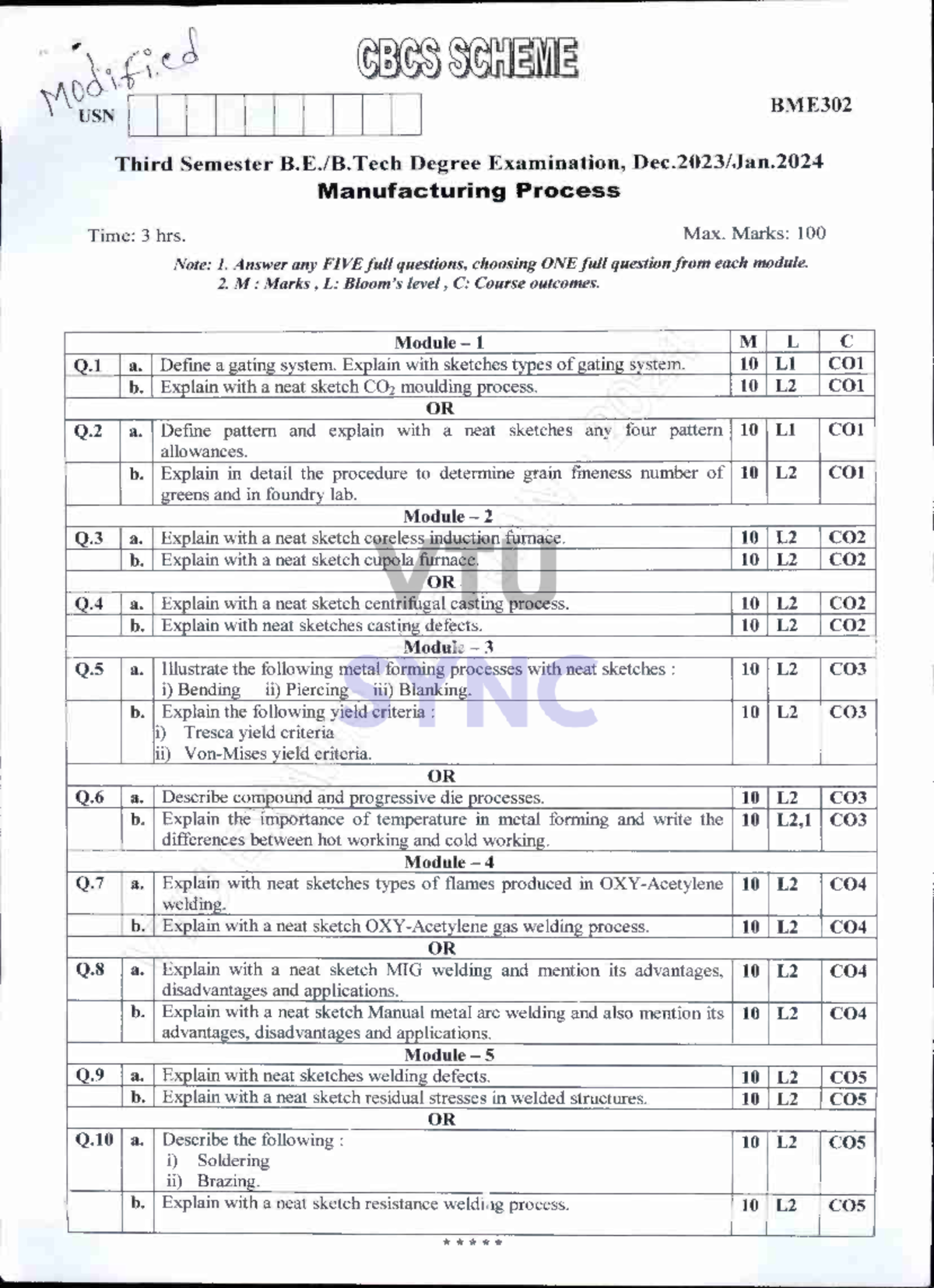 Dec Jan 2024 BME302 - Manufacturing Process Question Paper - Studocu