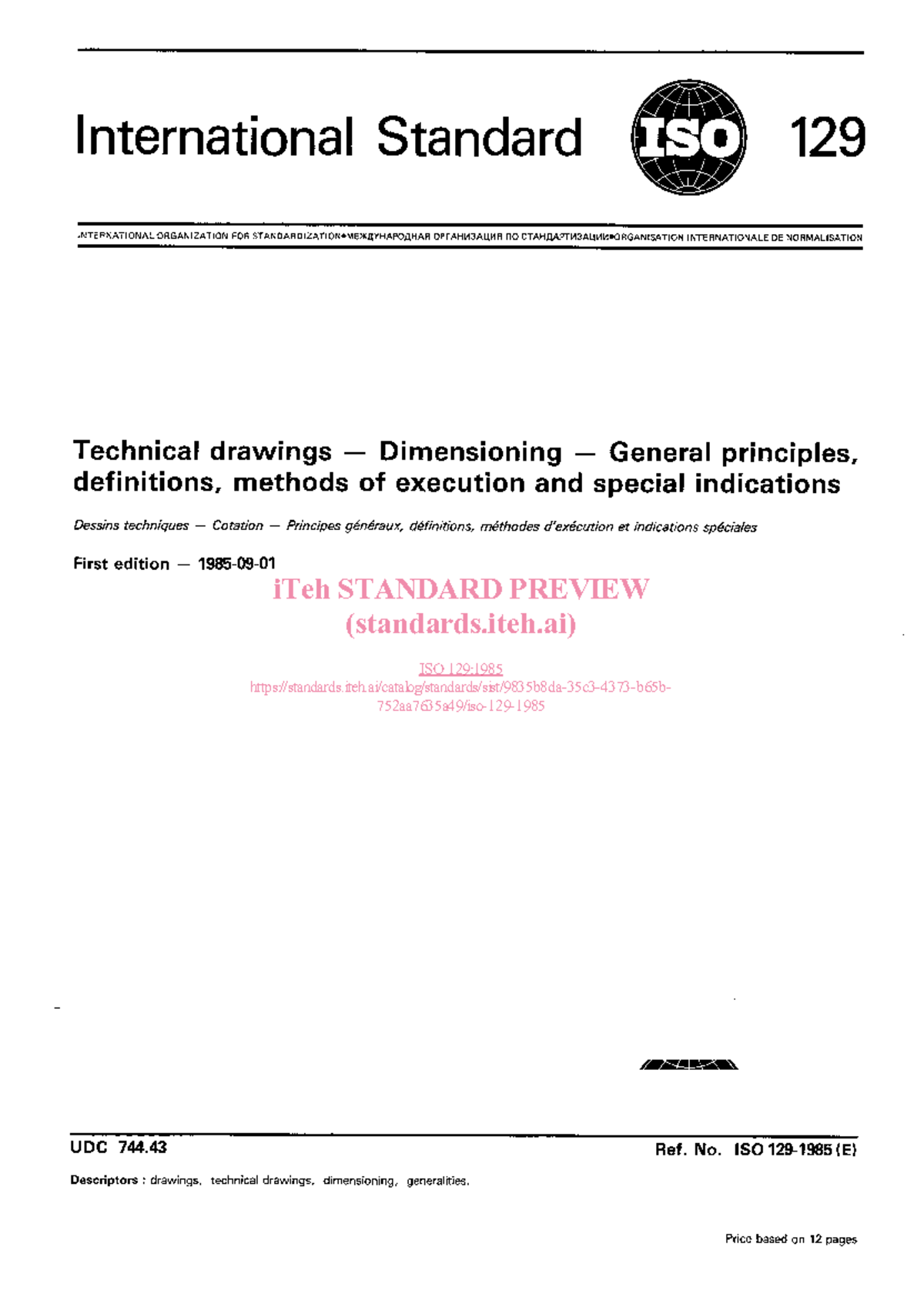ISO 129:1985 - Technical Definitions and Dimensioning Principles - Studocu
