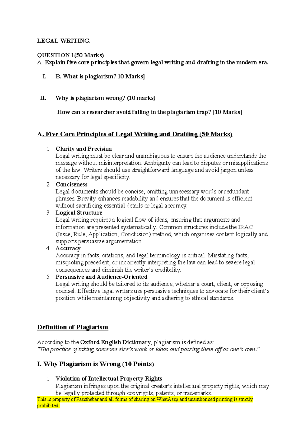 Legal Writing 2023 TEST Answers - LEGAL WRITING. QUESTION 1(50 Marks) A ...