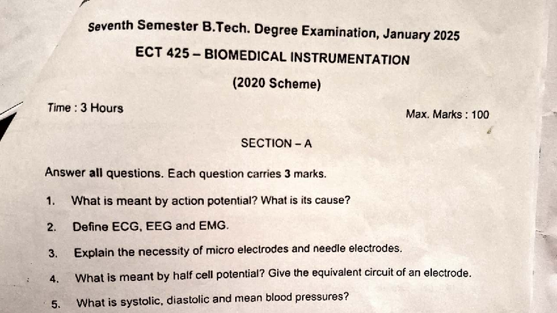 ECT 425: Biomedical Instrumentation Exam Notes and Questions - Studocu