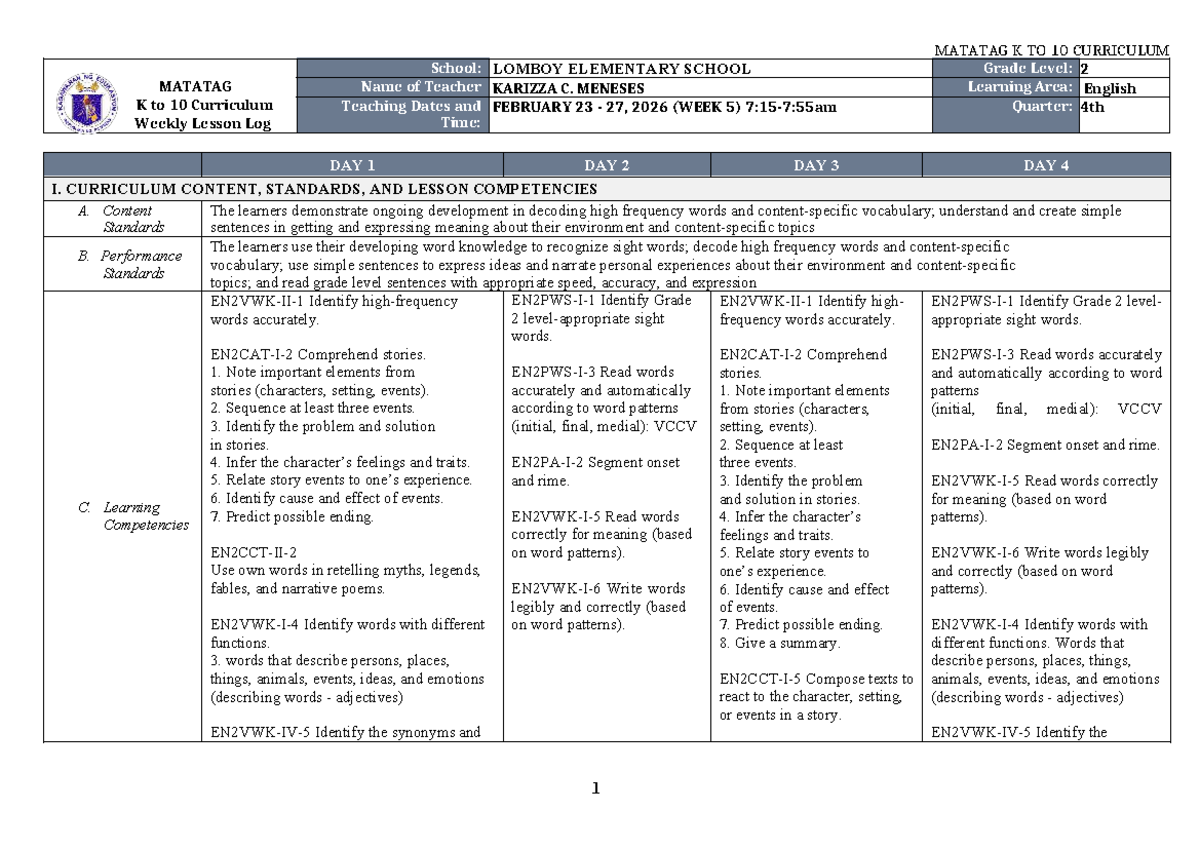 DTC DLL Matatag English 2 Weekly Lesson Log - Quarter 4, Week 5 - Studocu