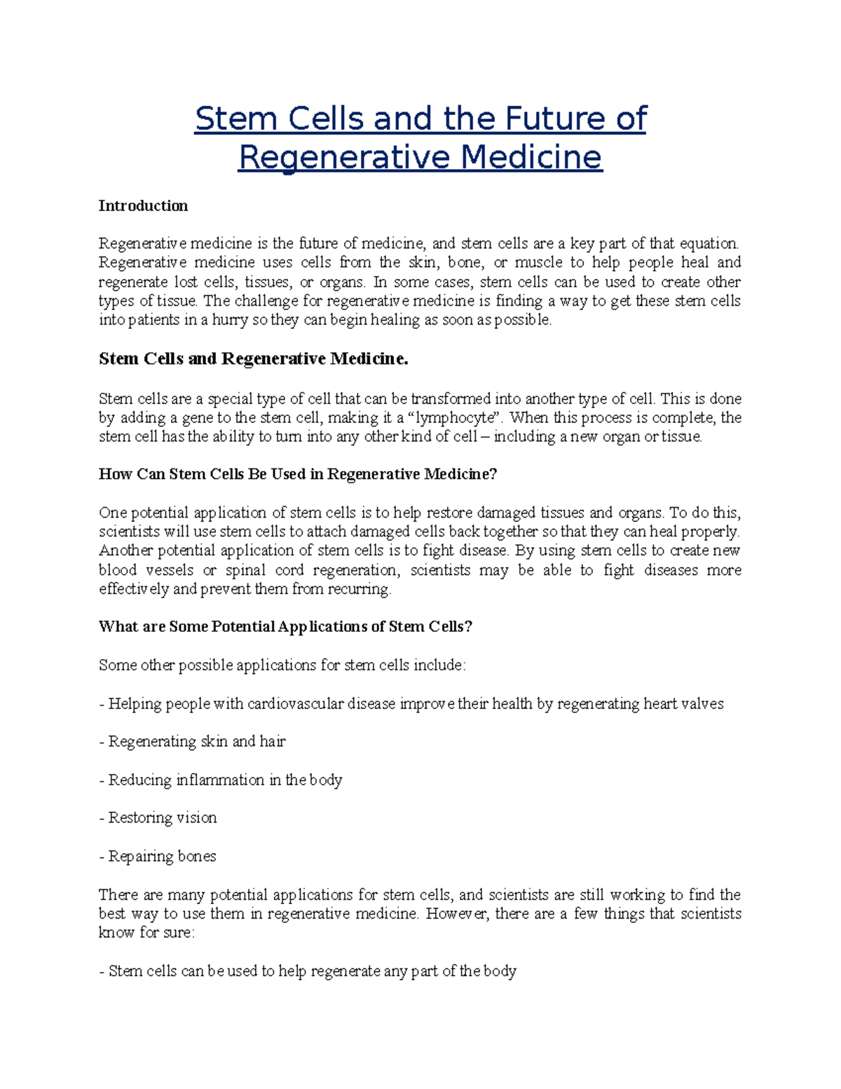 Stem Cells and the Future of Regenerative Medicine - Stem Cells and the ...