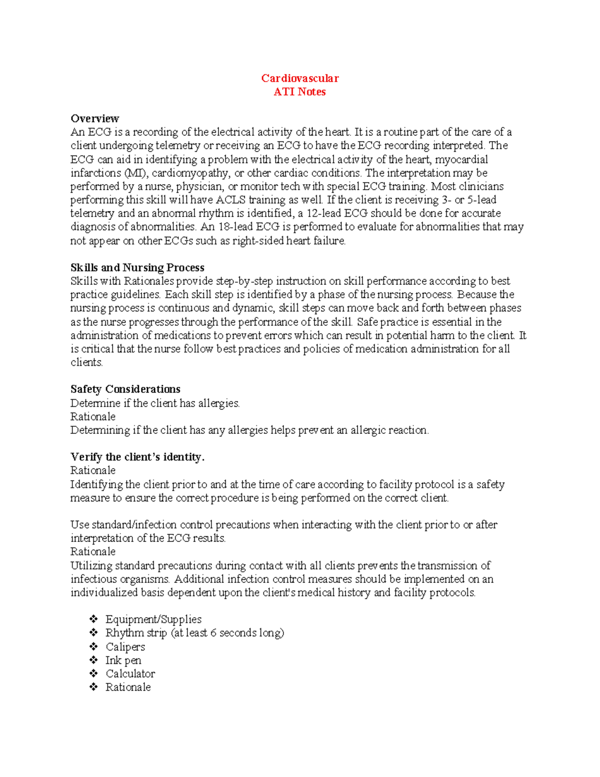 Cardiovascular ATI Notes: ECG Interpretation & Nursing Process - Studocu