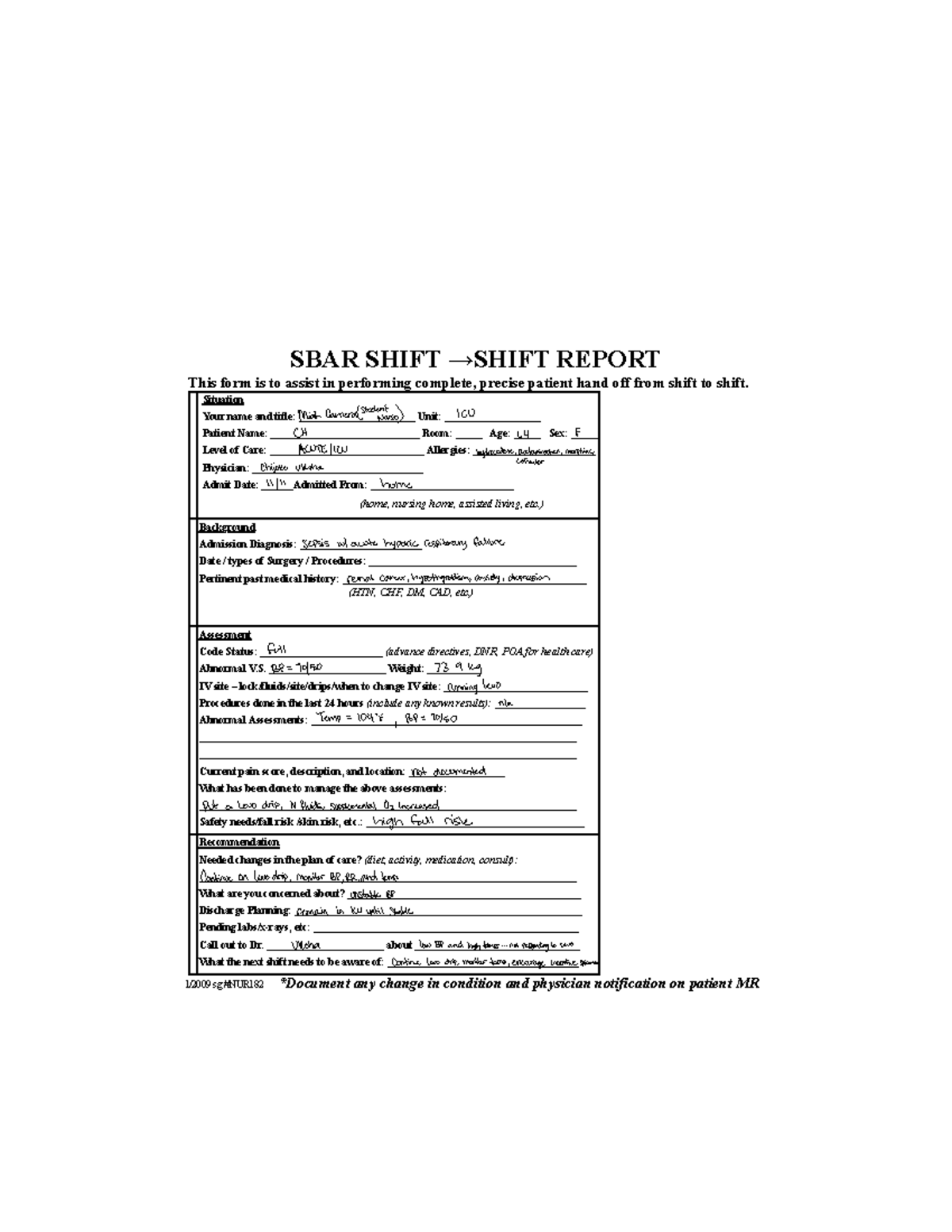 SBAR Shift Report Template for Patient Handoff - Studocu