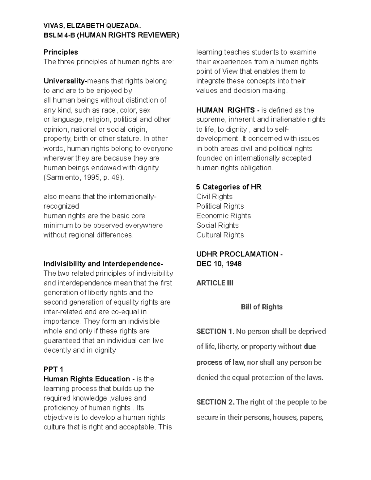 Human Rights Law Reviewer - Legal management - BulSU - Studocu