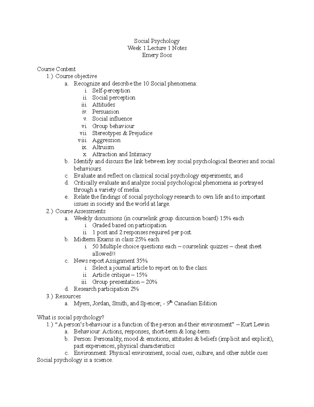 Social Psychology (PSY 101) - Week 1 to 3 Lecture Notes Summary - Studocu