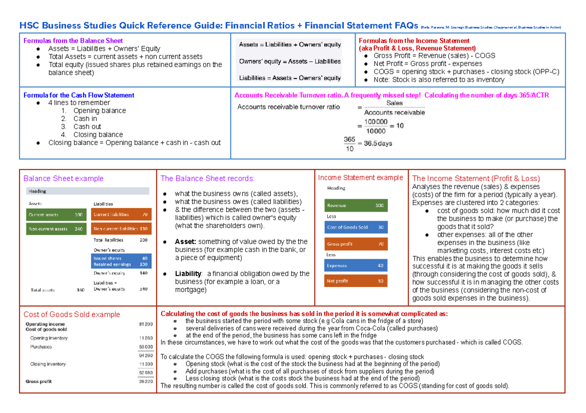 HSC Business Studies Quick Reference: Financial Statements & Ratios ...