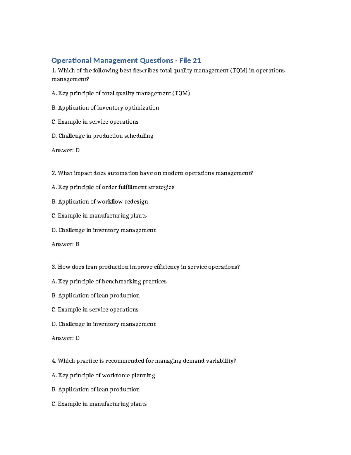 Operational Management Exam Questions - File 21 - Studocu