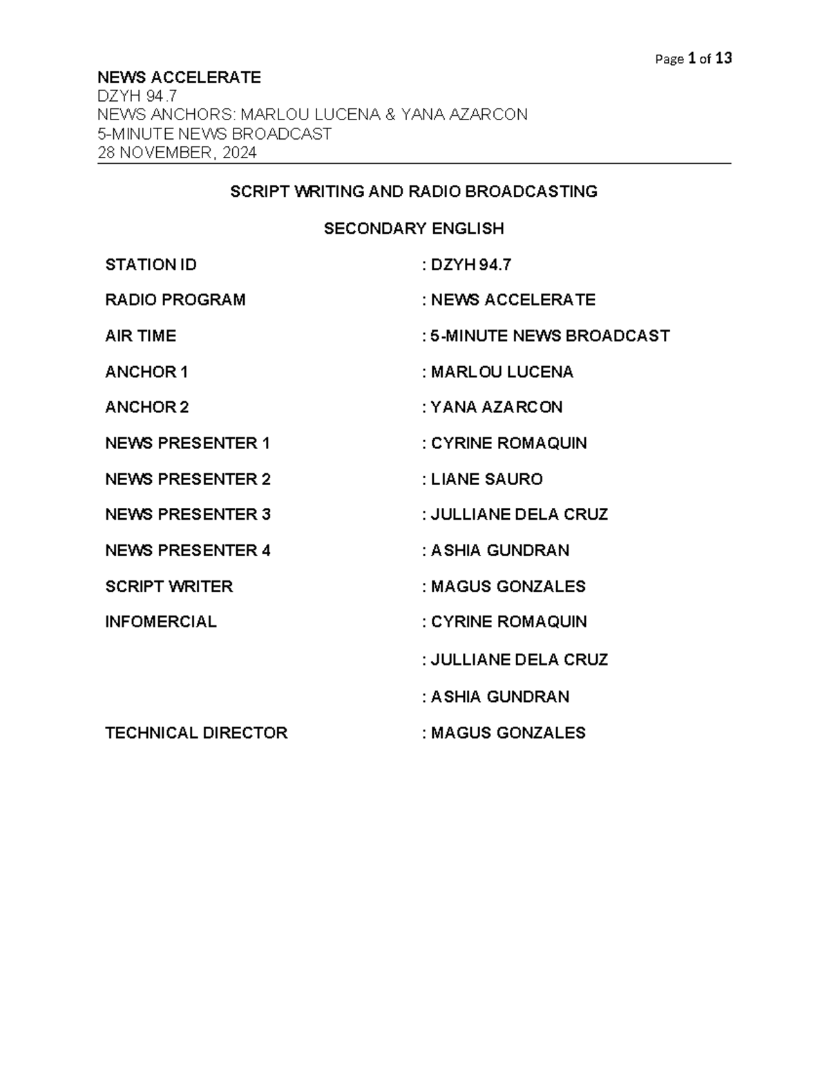 Script Writing AND Radio Broadcasting - NEWS ACCELERATE DZYH 94. NEWS ...