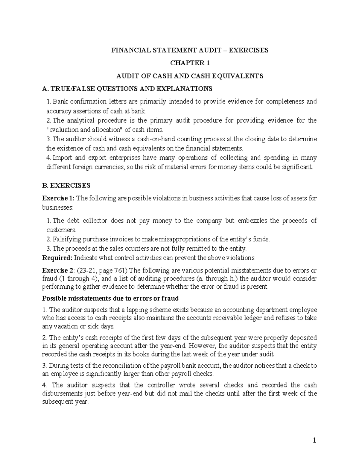 Audit Financial Statement Exercises for Course Code: ACC101 - Studocu