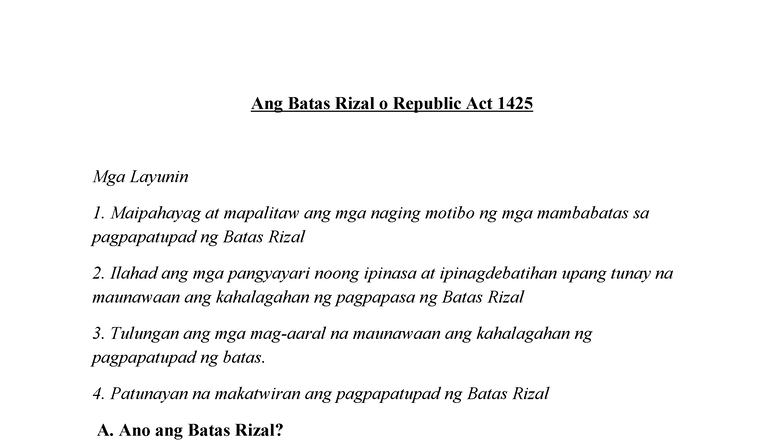 Batas Rizal: Layunin at Kahalagahan ng Republic Act 1425 - Studocu