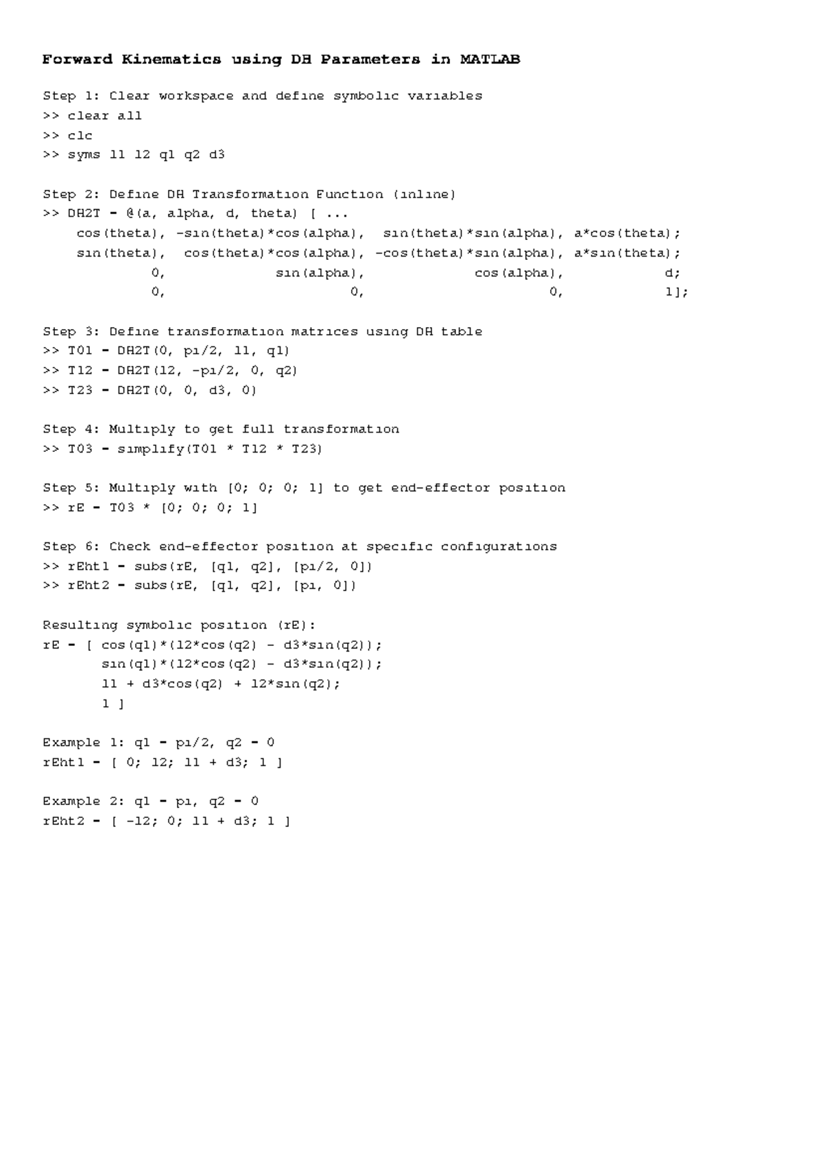 Forward Kinematics DH Steps in MATLAB (Course Code: FK101) - Studocu