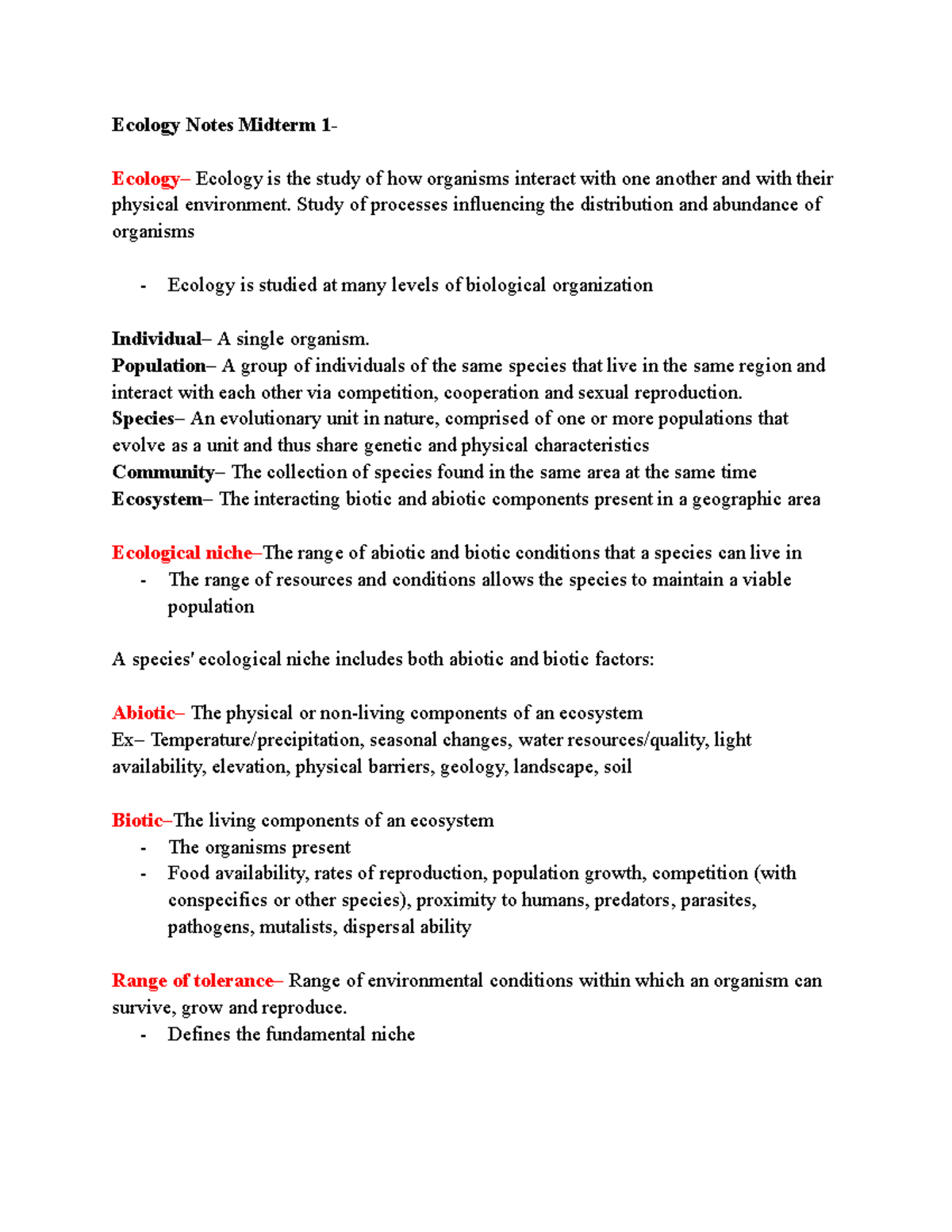 Ecology Notes Midterm Study Guide: Organism Interactions and Ecosystems ...