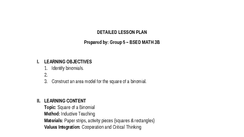 Detailed Lesson Plan: Square of a Binomial (BSED MATH 3B) - Studocu