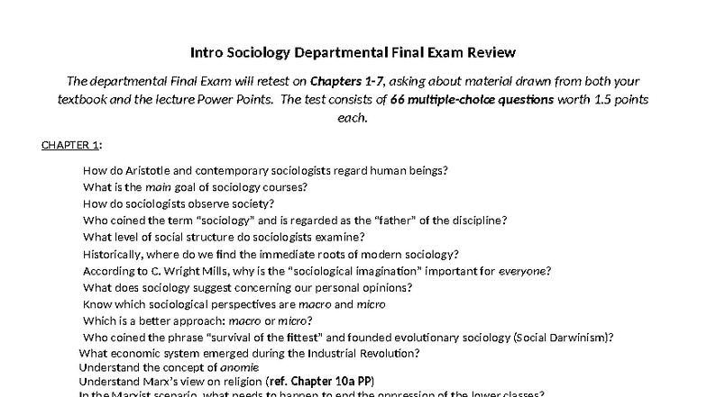 Departmental Final Exam Review: Intro Sociology (Ch. 1-7) Guide - Studocu