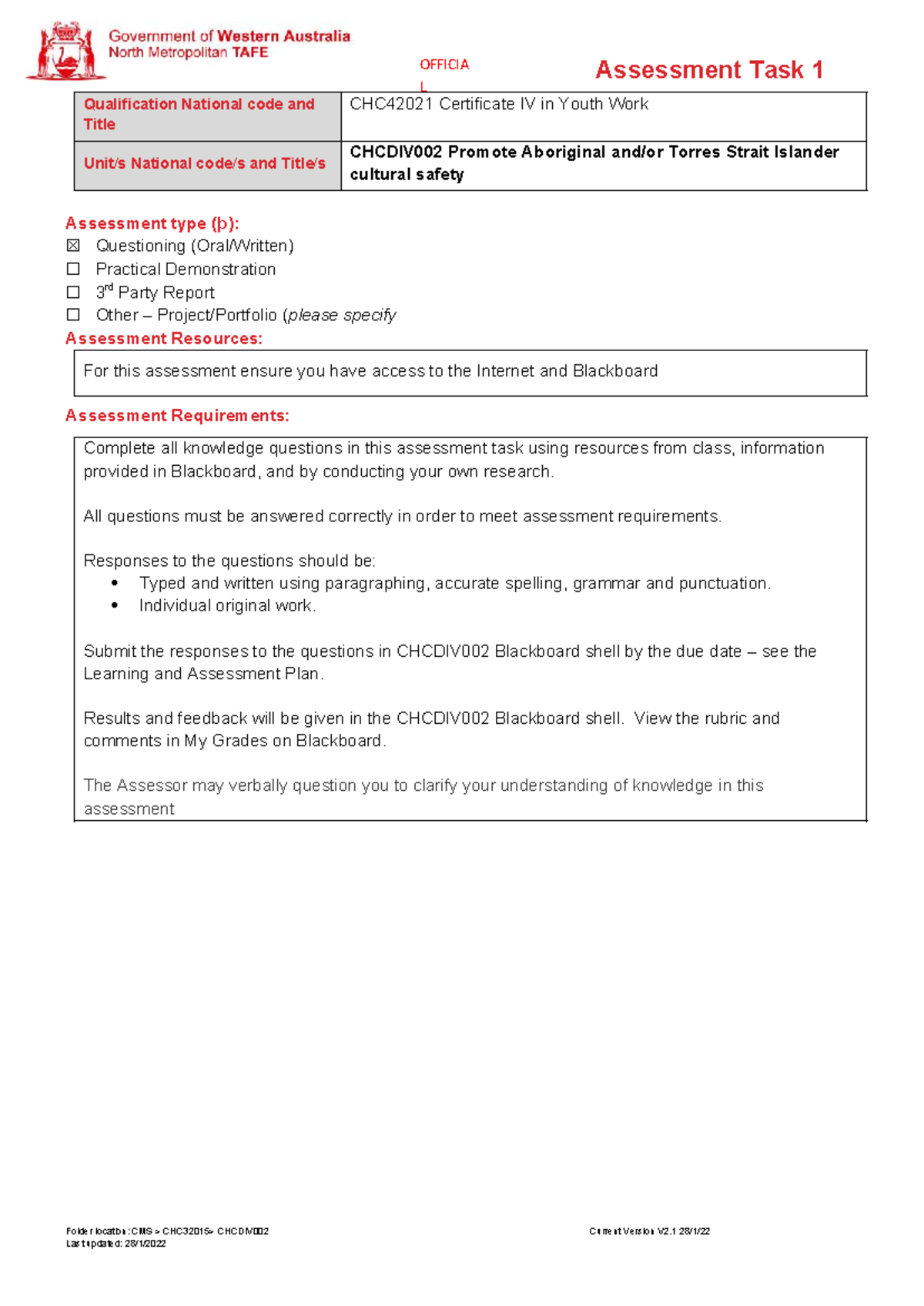 CHC42021 Certificate IV in Youth Work: Assessment Task 1 Guide - Studocu