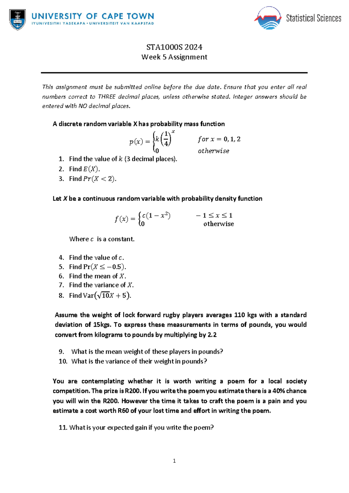 Week 5 Assignment Overview - STA1000S 2024 - Studocu
