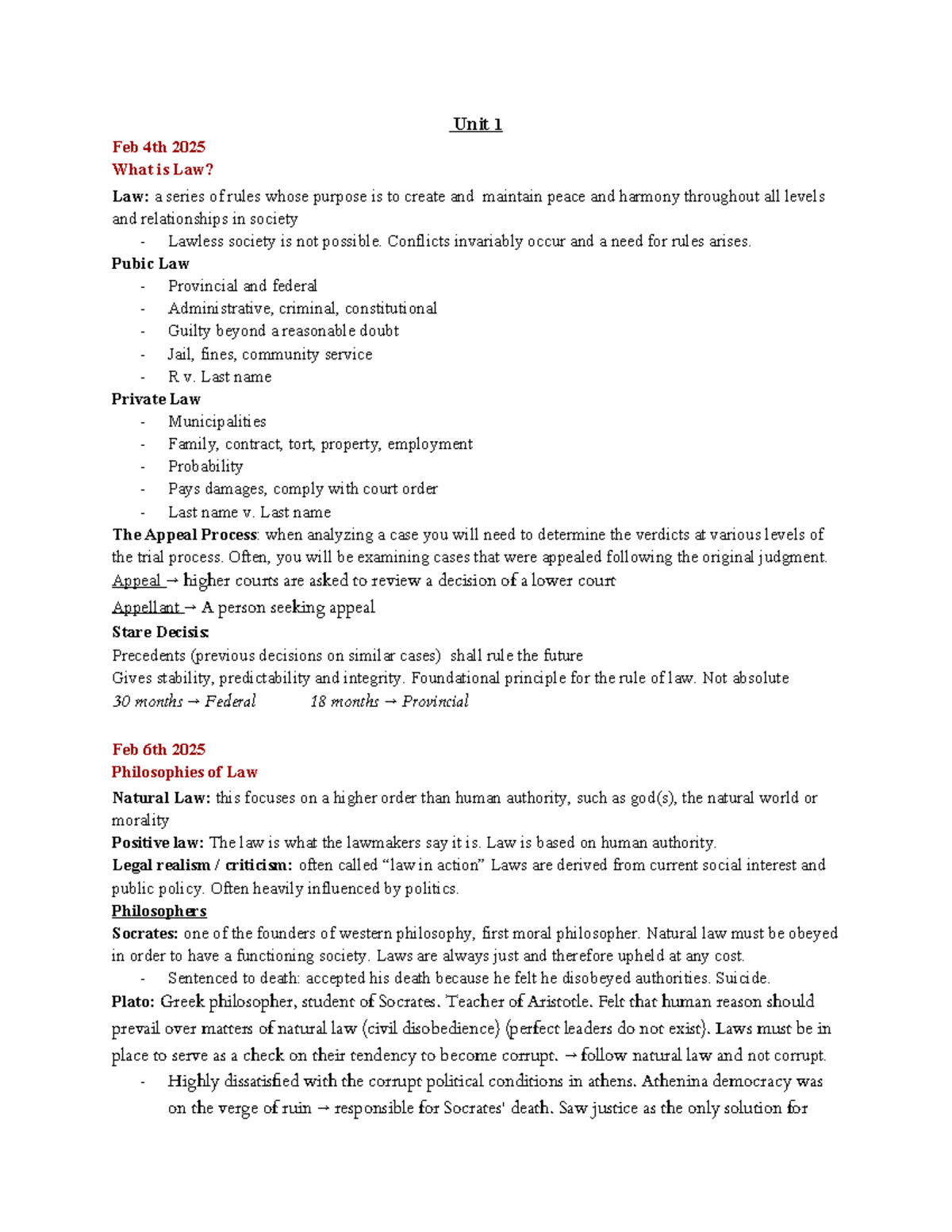 Law 101: Unit 1 Notes on Legal Principles and Philosophies (Feb 2025 ...