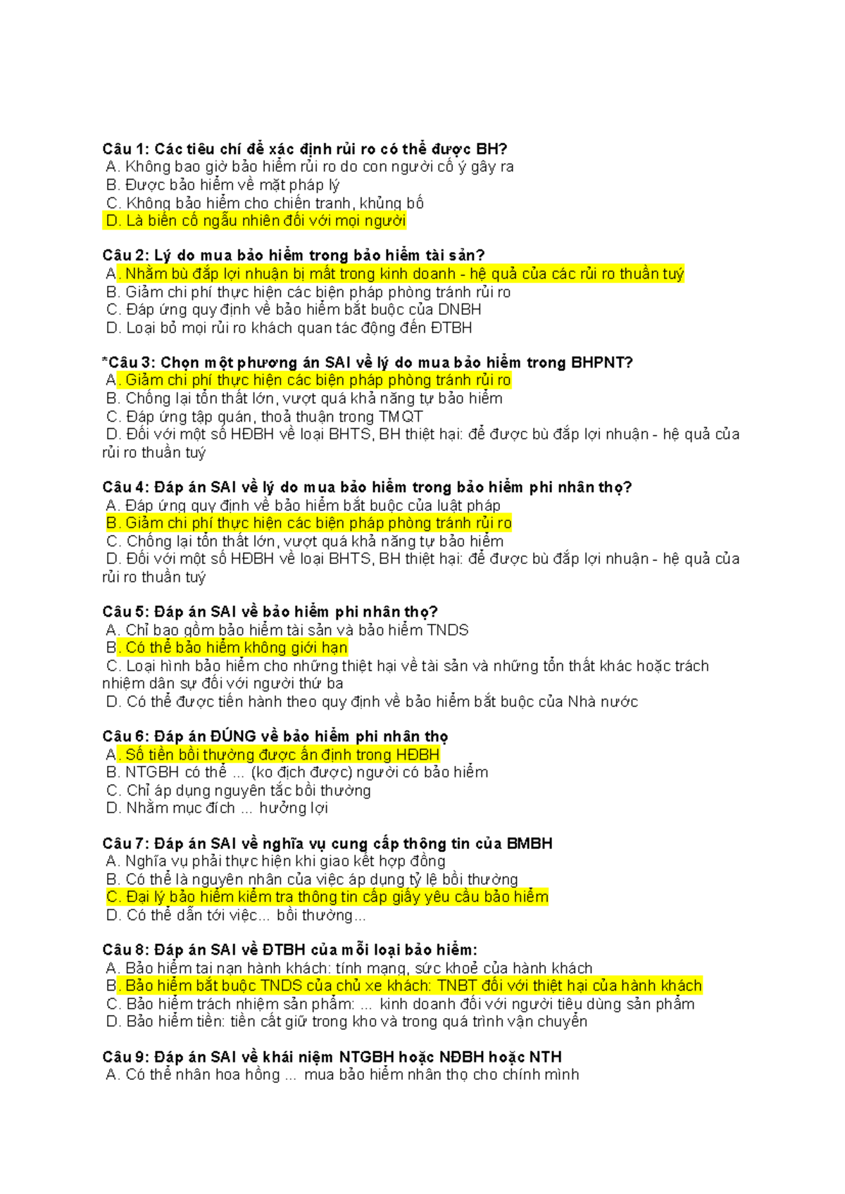 BH KT - Bộ câu hỏi trắc nghiệm về bảo hiểm phi nhân thọ - Document Preview