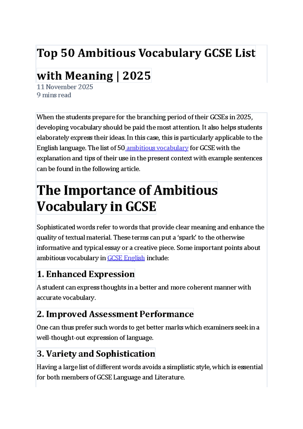 Top 50 Ambitious Vocabulary Words for GCSE English Language 2025 - Studocu
