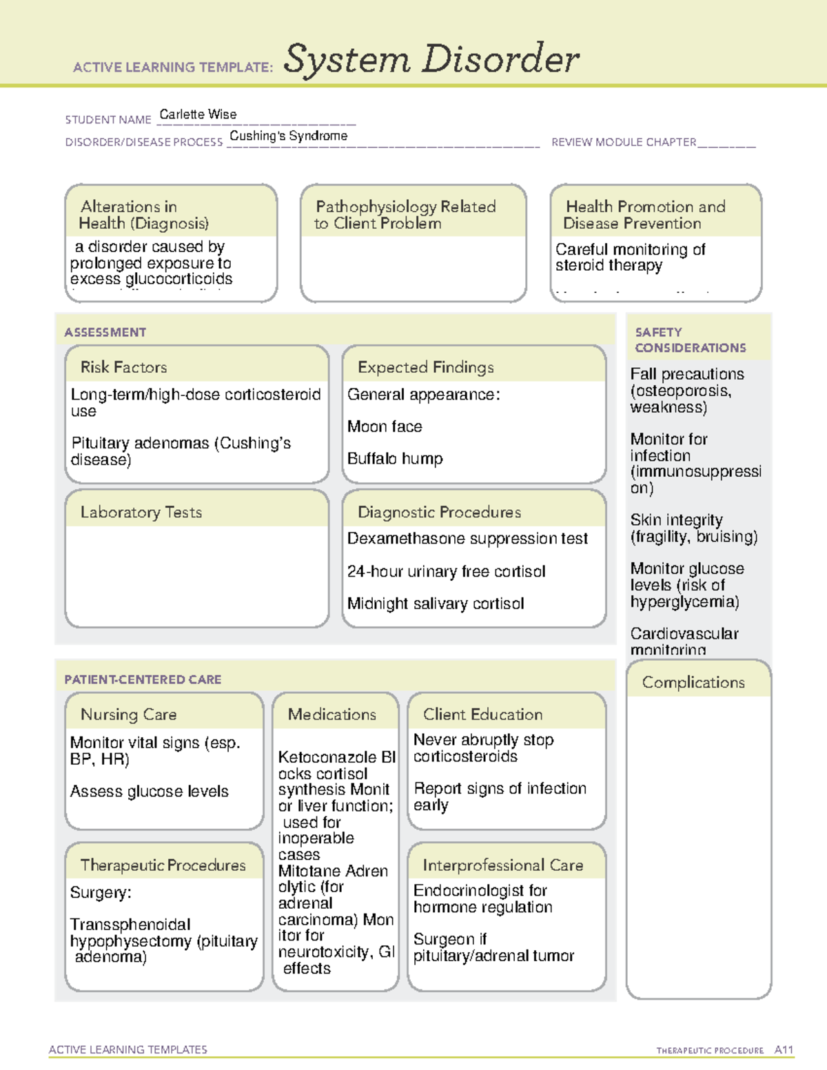 CUSHING'S SYNDROME ACTIVE LEARNING TEMPLATE: Pathophysiology & Care ...