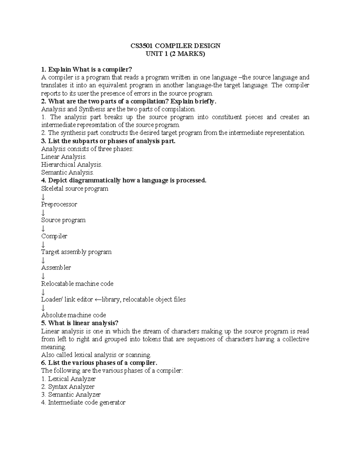 CS3501 Compiler Design 2 Marks Questions for Review and Study - Studocu