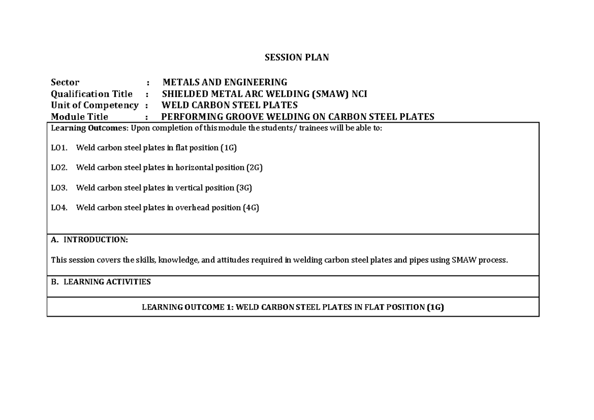 SMAW NC I Session Plan: Core Competencies for Welding Carbon Steel ...