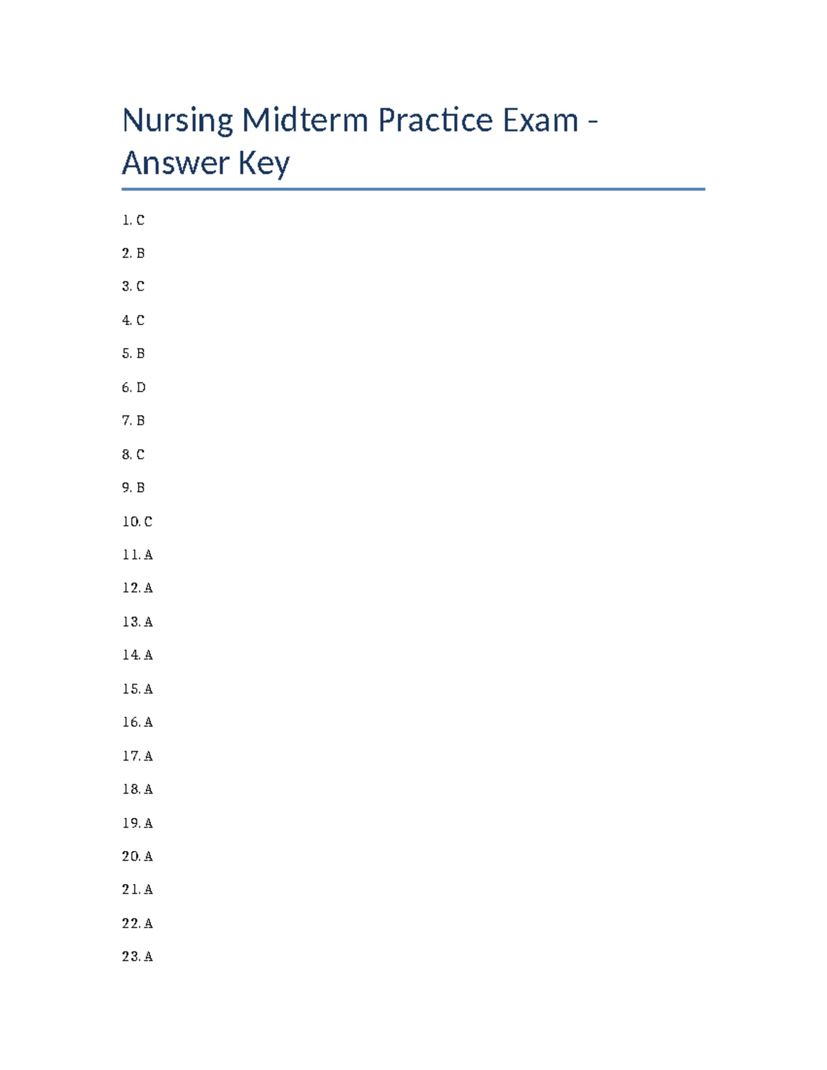 Nursing Midterm Exam Answer Key: Questions 1-49 - Studocu