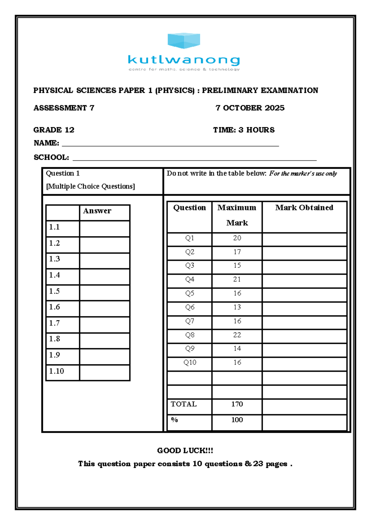 Promaths GR 12 Physical Sciences Assessment 7 Paper 1 - 07 Oct 2025 ...