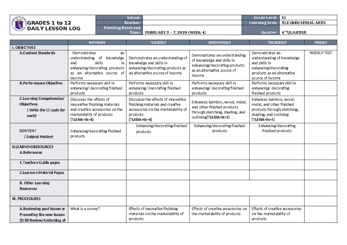 DLL TLE 6 IA Q4 W4 - Daily Lesson Log for TLE Industrial Arts - Studocu