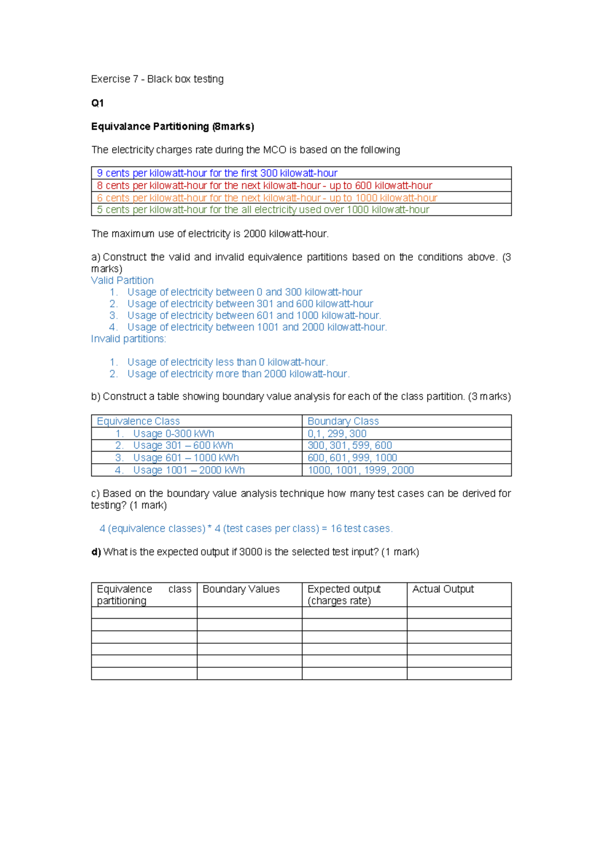 Exercise 7 Blackbox - Exercise 7 - Black box testing Q Equivalance ...