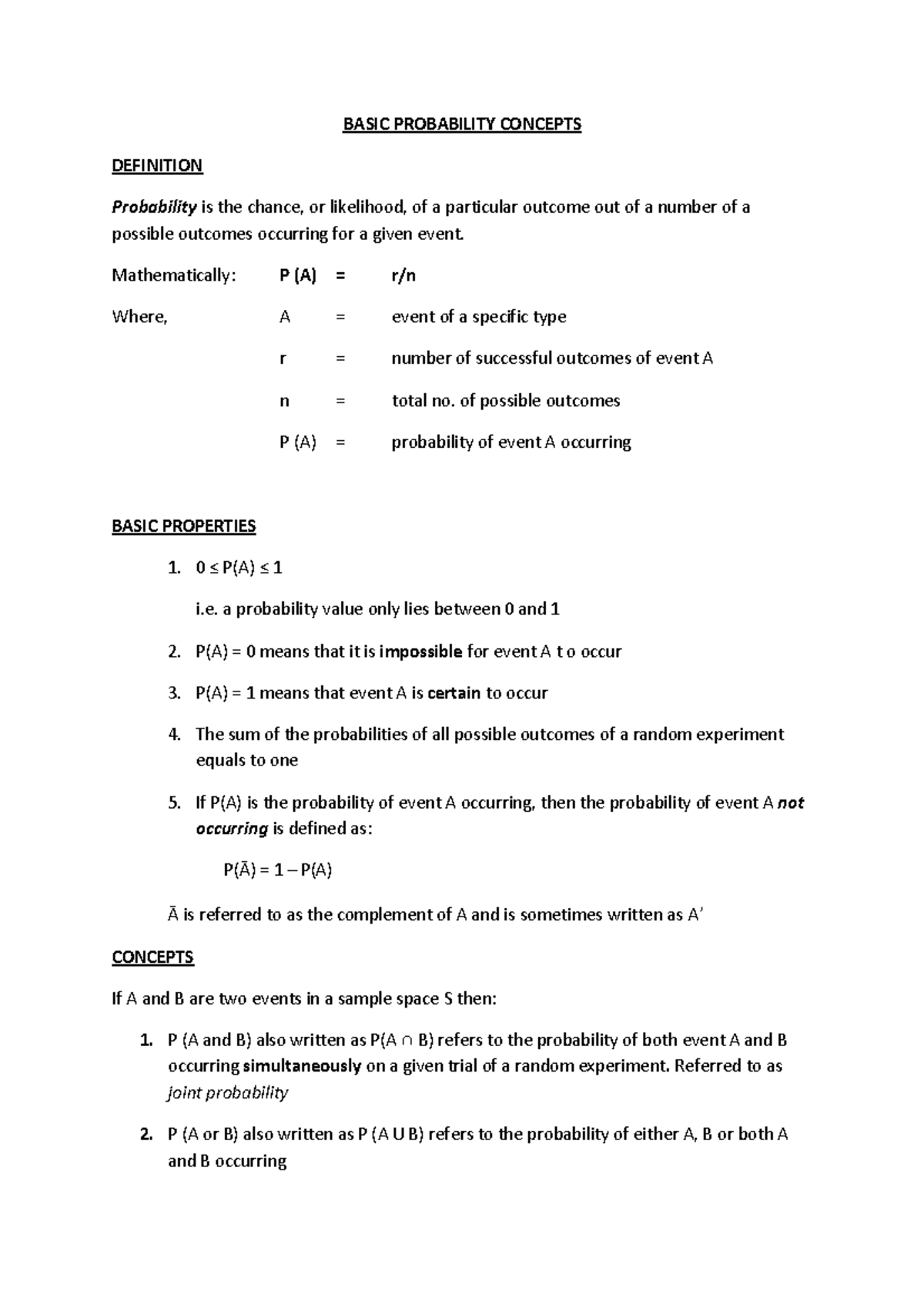 BASIC PROBABILITY CONCEPTS: Definitions and Properties - Studocu