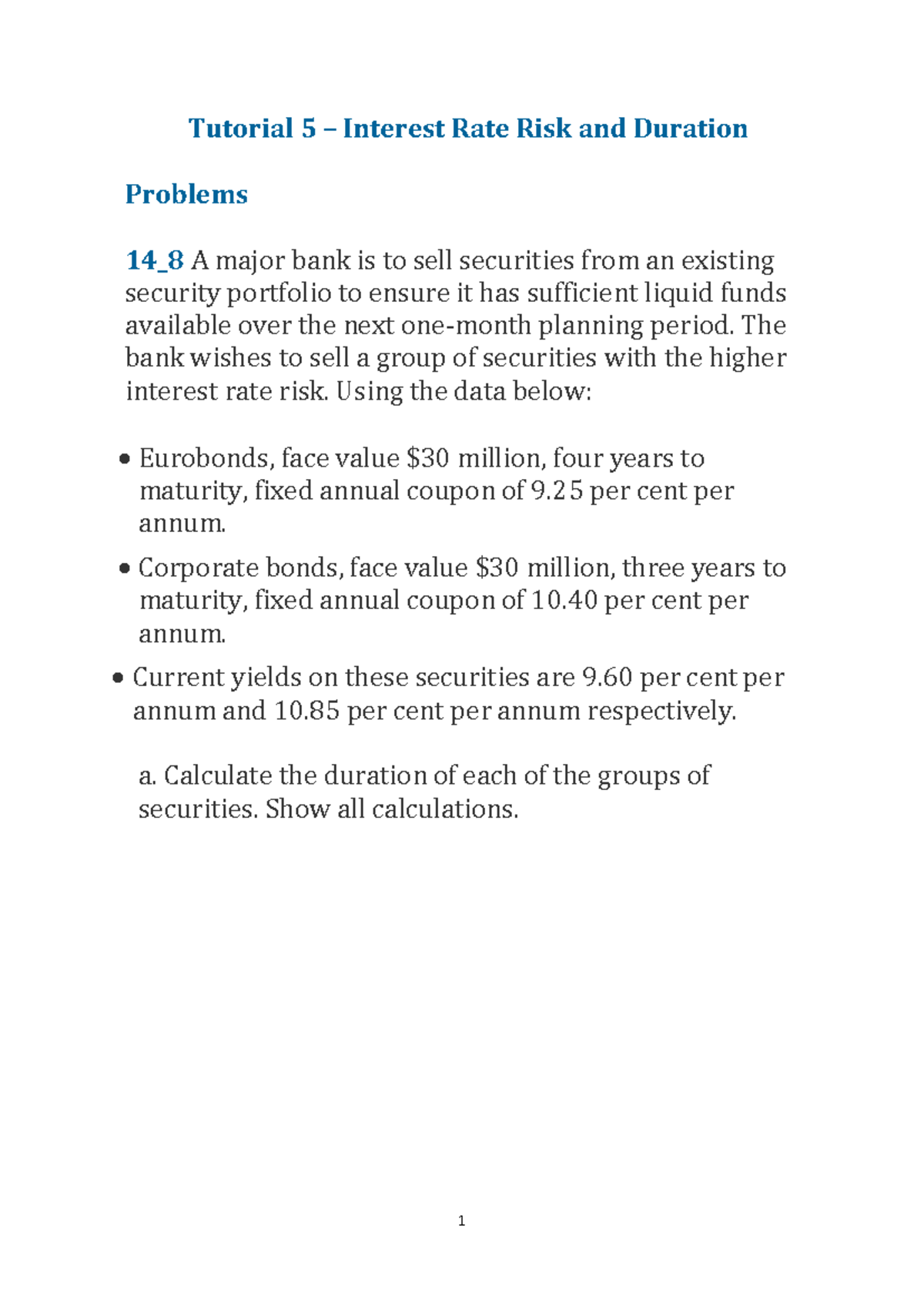 05 Interest Rate Risk and Duration - Tutorial 5 – Interest Rate Risk ...