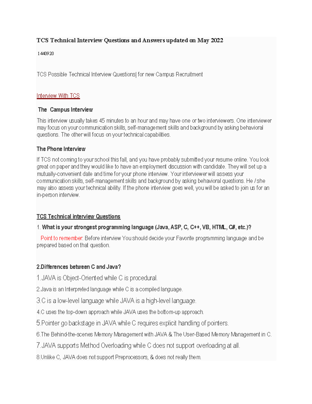 TCS Technical Interview Q&A Guide for Campus Recruitment - Studocu