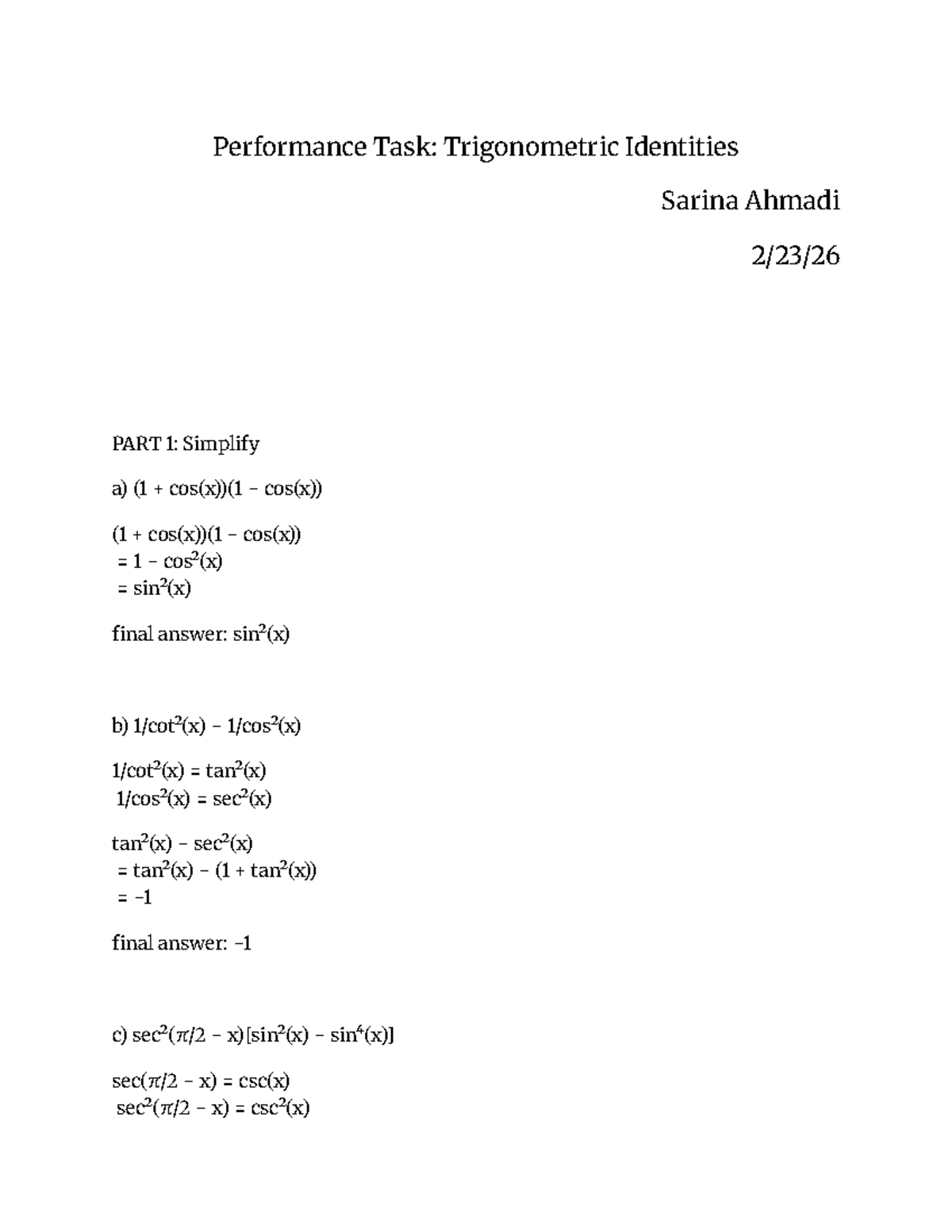 Performance Task: Trigonometric Identities (Part 1 & 3) - Studocu