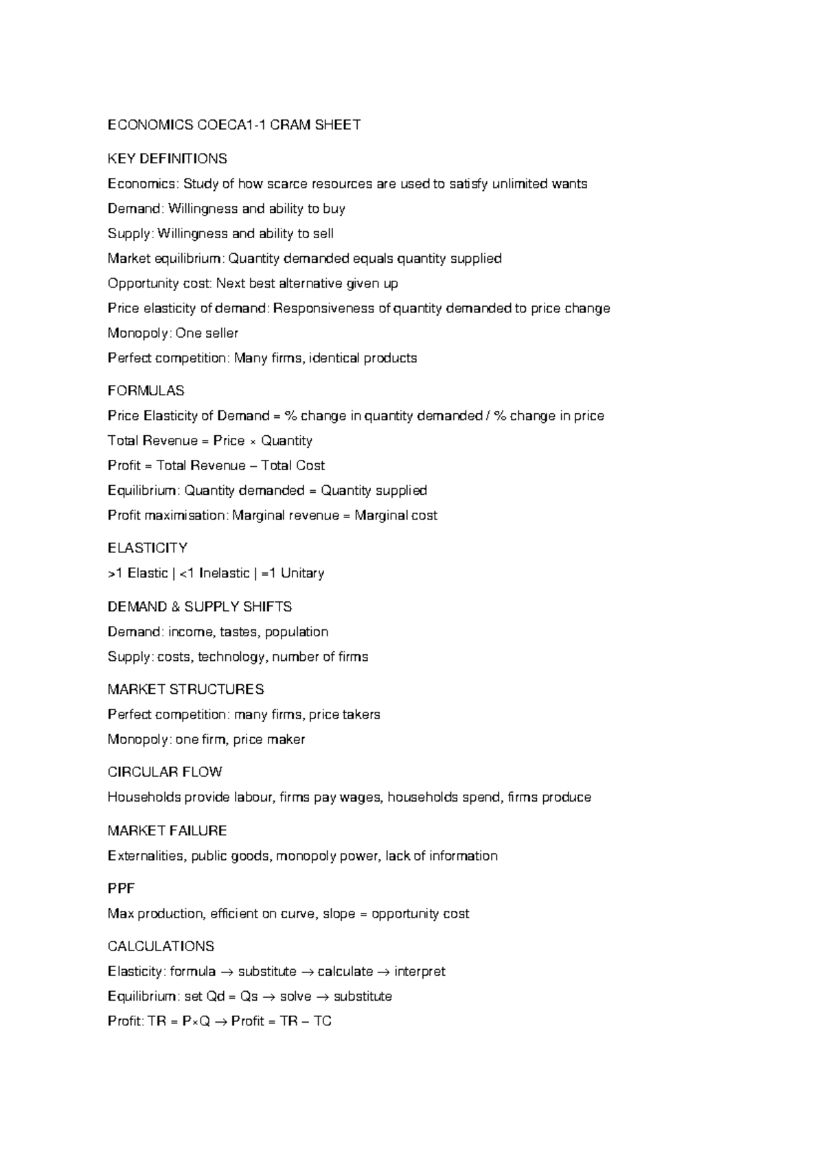 ECON 101: Key Definitions & Formulas Cram Sheet - Studocu