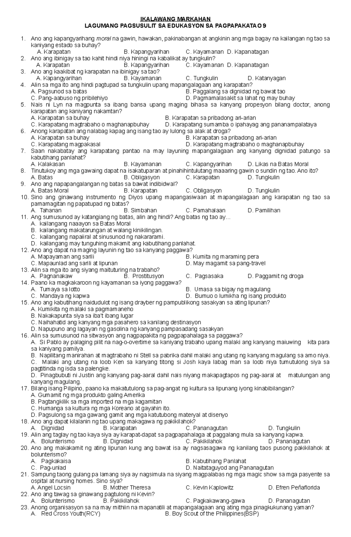 Q2 Summative Test ESP 9 - Quiz Items: Identification, True/False ...