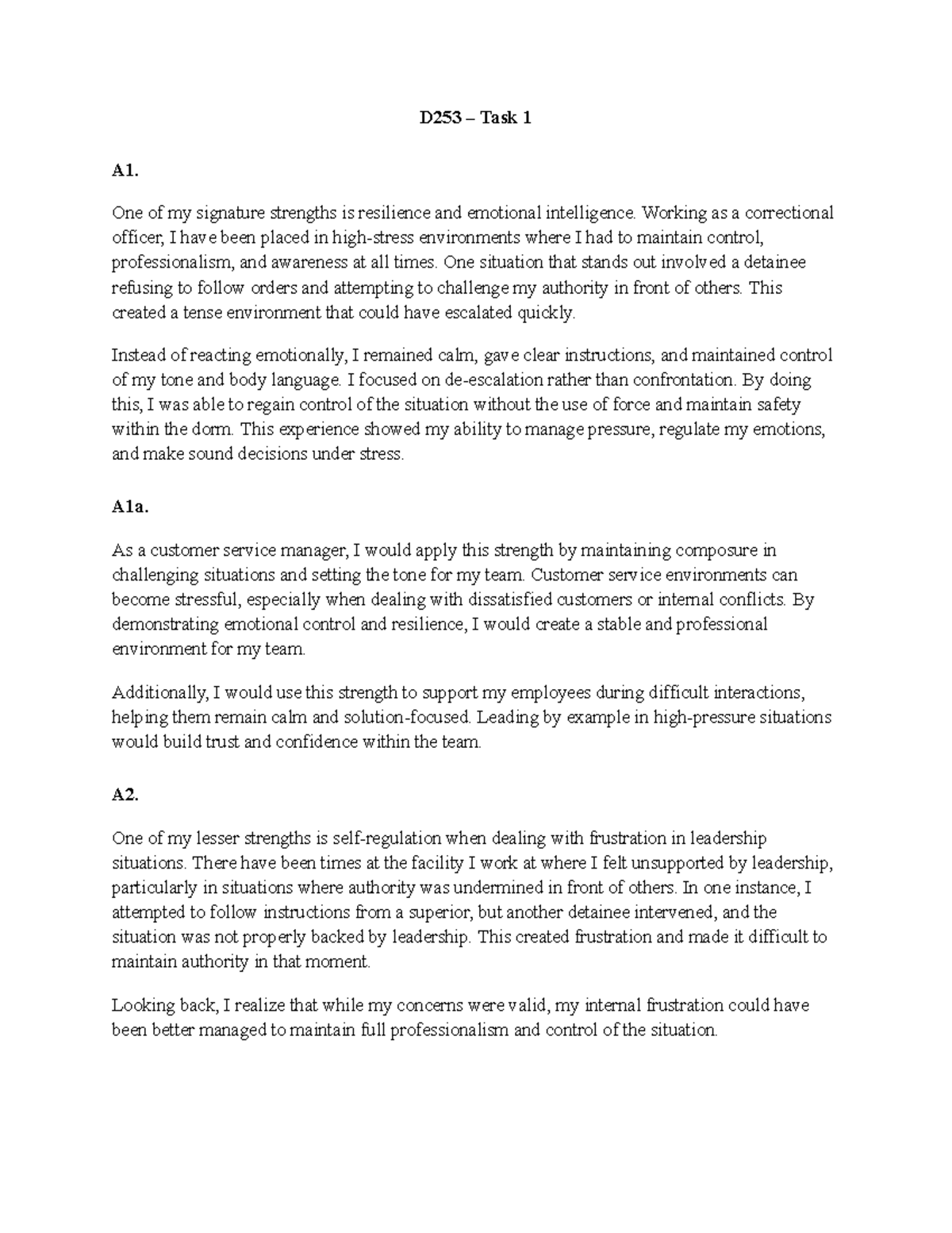D253 Task 1 - Resilience and Emotional Intelligence in Leadership - Studocu