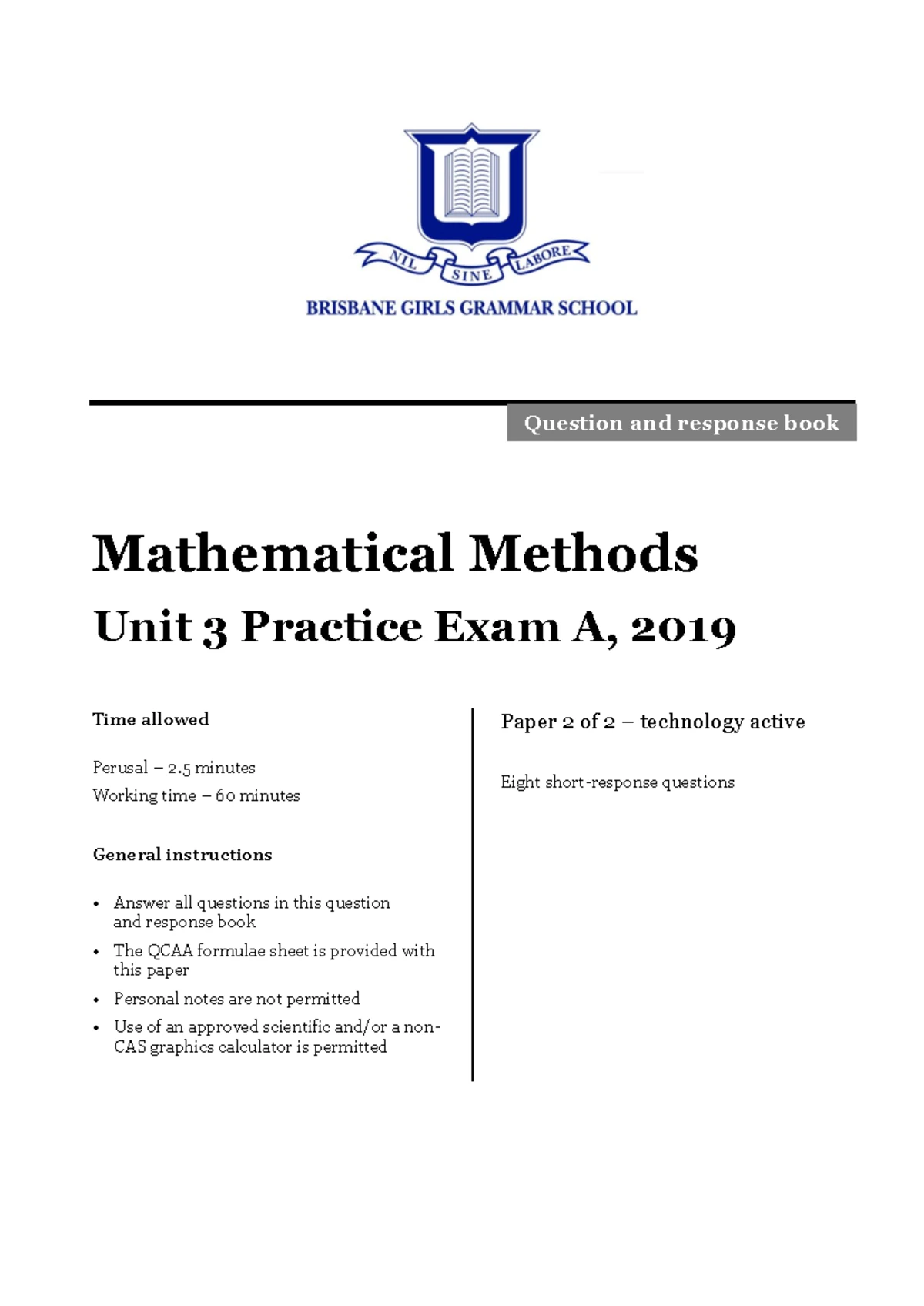 Revision Unit 3 Year 12 MAM: Logarithmic Functions & Integrals Exam ...
