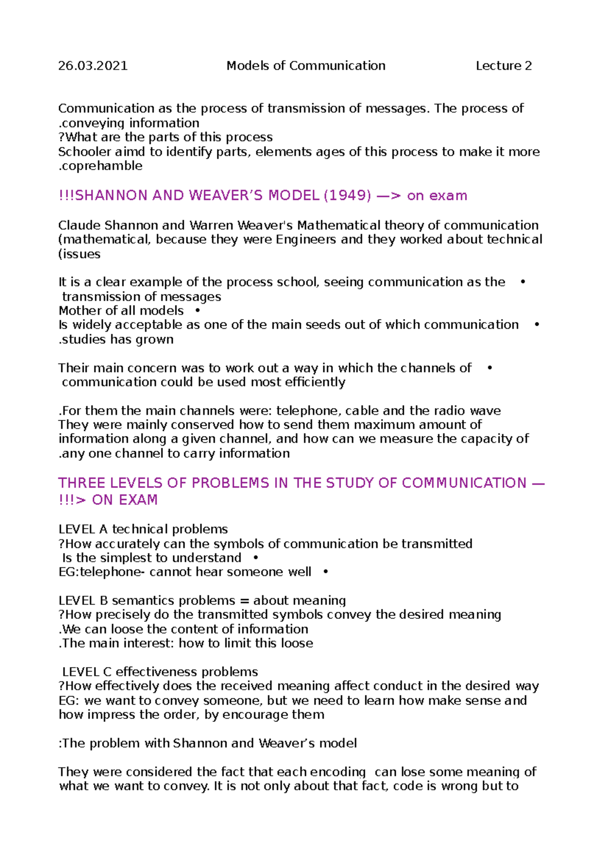 Notes on Communication Models (Comm 101) - Lecture 2 Summary - Studocu