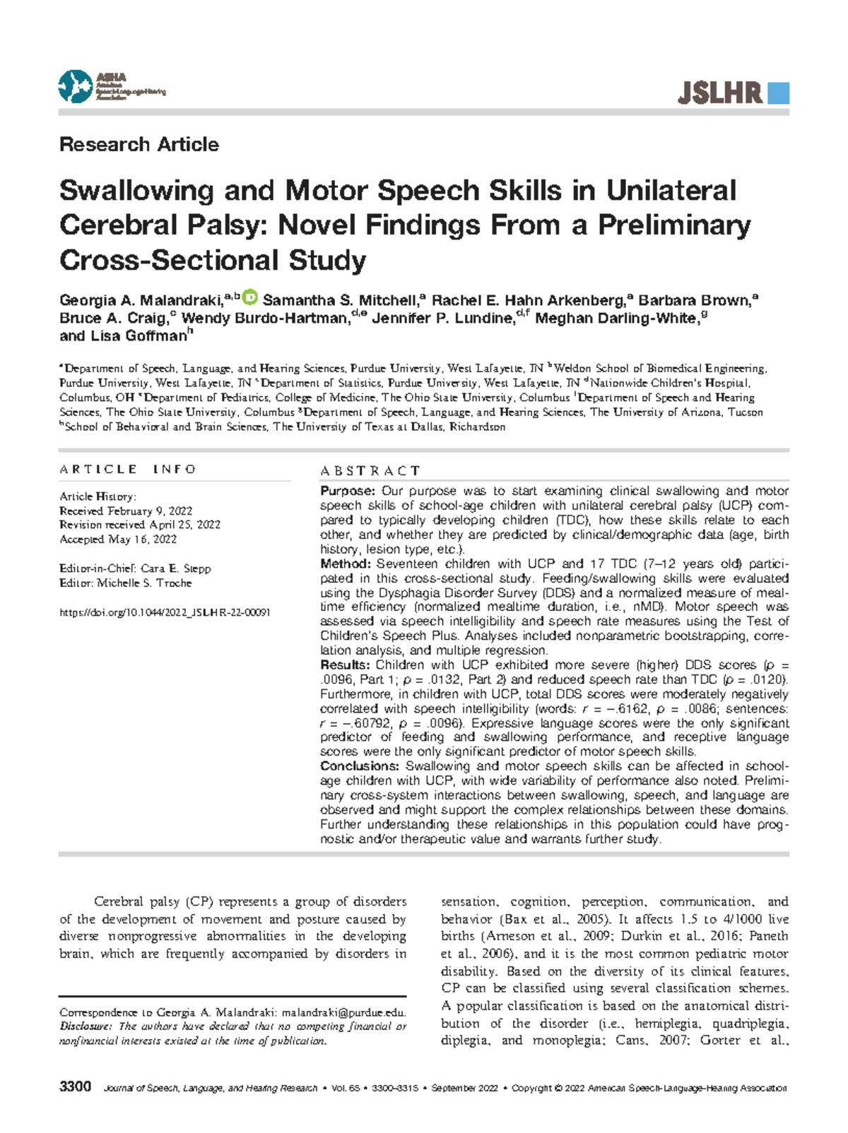Swallowing & Motor Speech Skills in UCP: Insights from a Preliminary ...